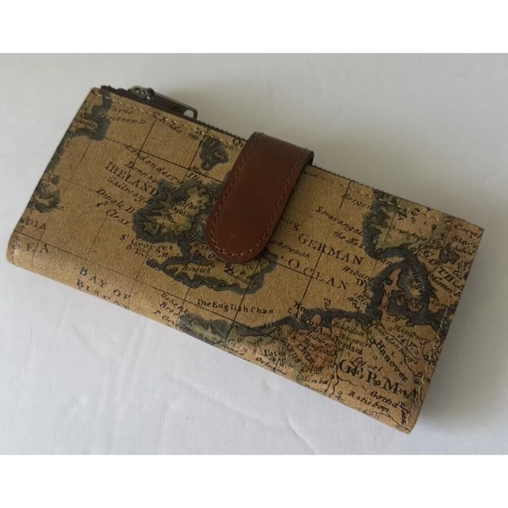 Patricia Nash Nazari Leather Bifold Wallet RFID Protection Brown European Map